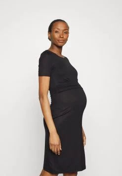 Short Sleeves Ruched Waist Mini Flared Dress - Jerseyjurk - Black